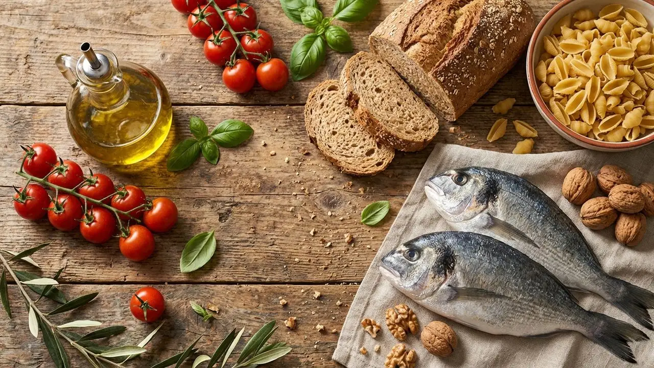 Dieta mediterranea: ingredienti tipici (olio, pomodori, basilico, pasta, pesce) su tavola di legno
