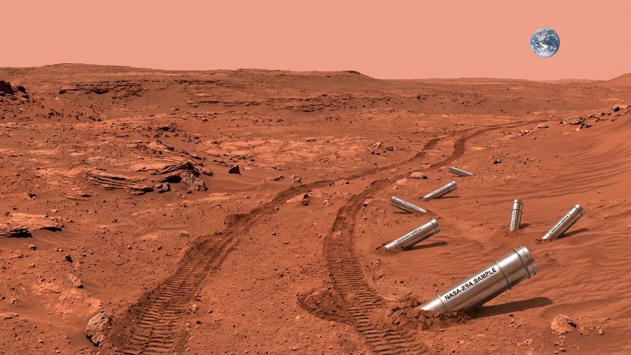 Mars Sample Return 2026: superficie marziana con tubi di campionamento e Terra visibile nel cielo