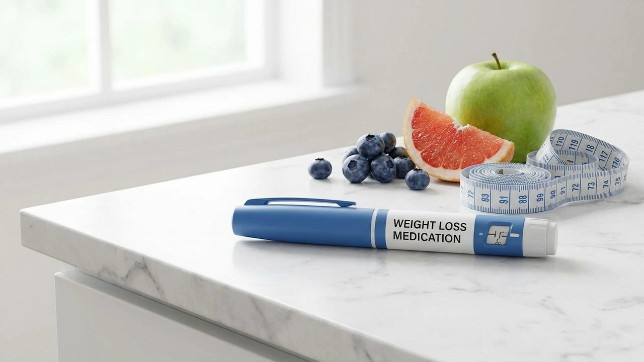 Penna iniettiva di semaglutide appoggiata su una superficie di marmo bianco accanto a frutta fresca