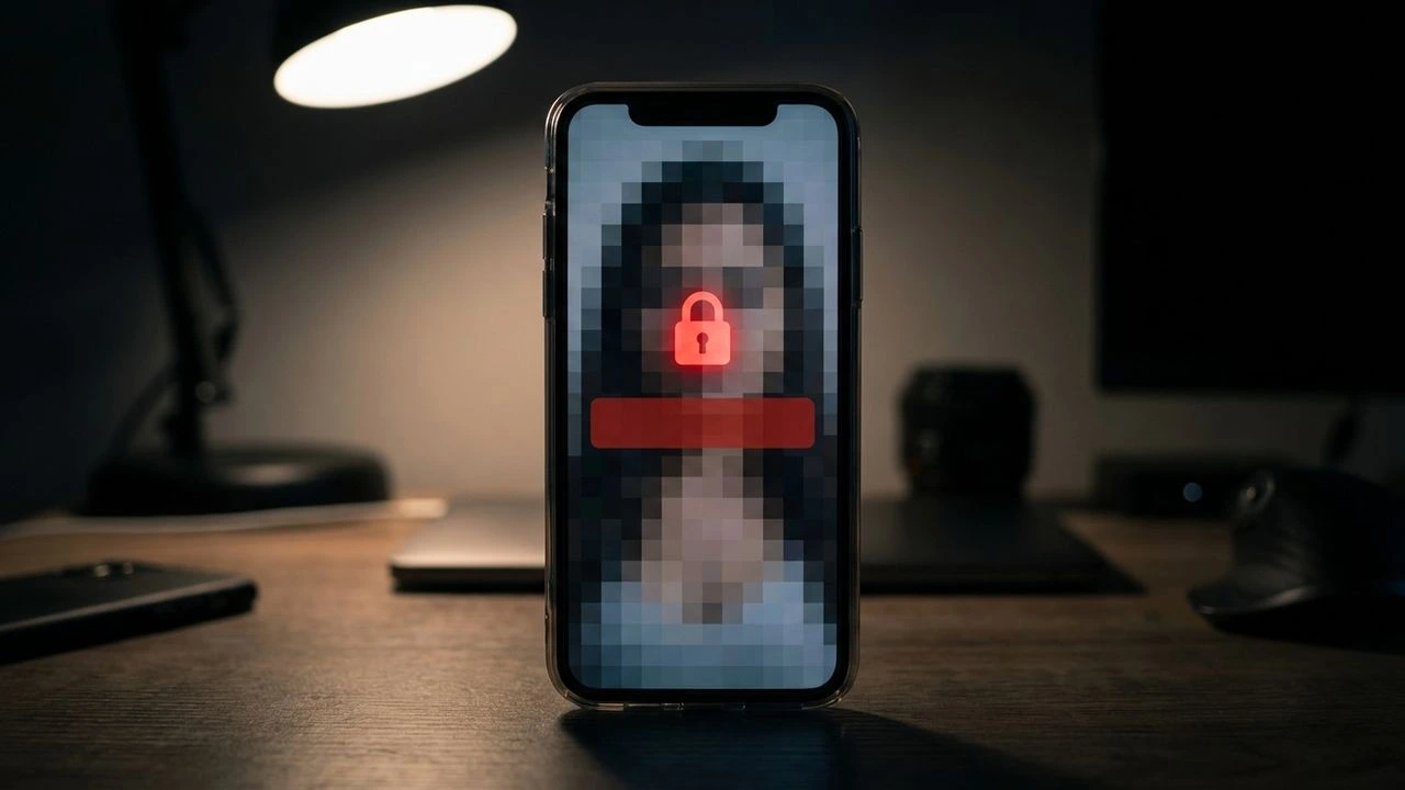 Revenge porn 2026: smartphone con icona di lock e contenuto offuscato, fotografia editoriale cybersecurity