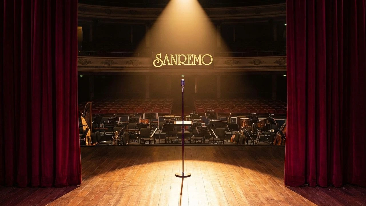 Sanremo 2026: palco del Teatro Ariston con tende di velluto rosso e microfono illuminato