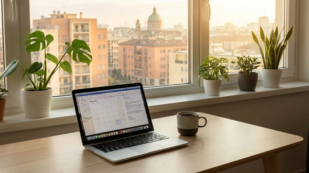 Smart working 2026: postazione home office con laptop, caffè e vista su città italiana