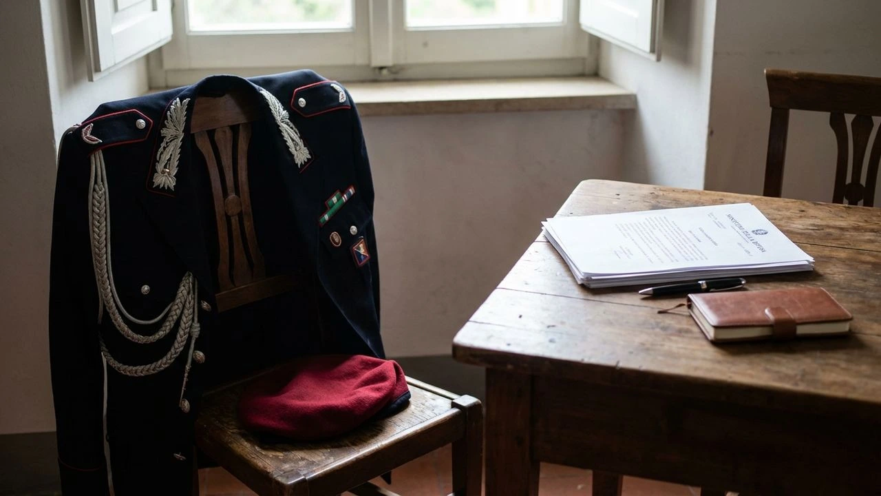 Stalking in Italia 2026: divisa Carabinieri e documenti su tavolo, fotografia editoriale sobria