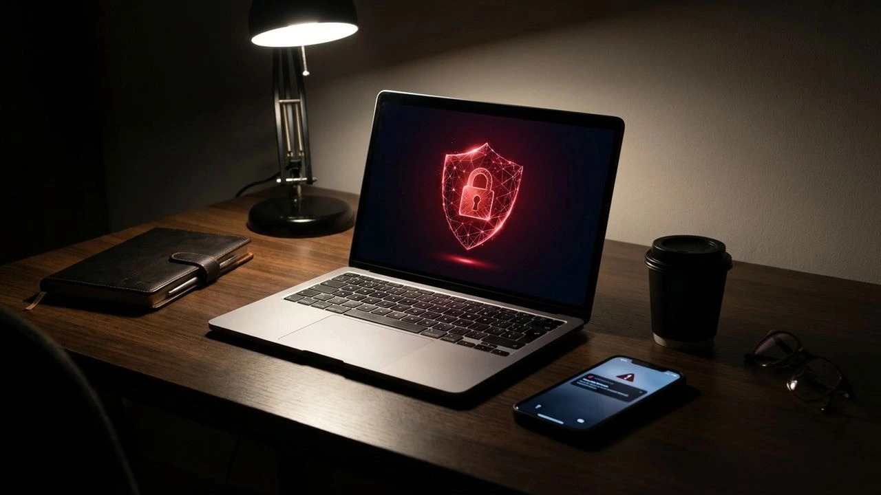 Truffe online 2026: laptop e smartphone con icone di sicurezza cybersecurity e avvisi di truffa