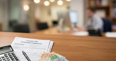 Calcolo TFR 2026: busta paga e calcolatrice sul tavolo di un lavoratore dipendente italiano che verifica gli importi
