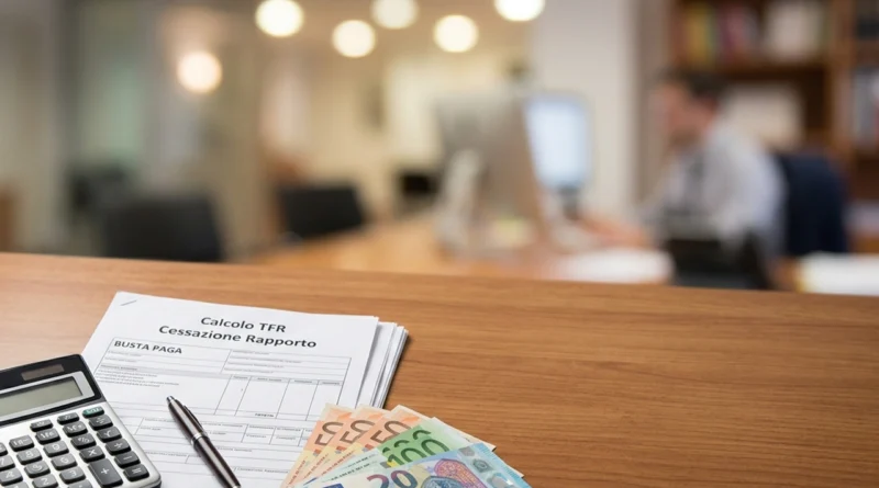 Calcolo TFR 2026: busta paga e calcolatrice sul tavolo di un lavoratore dipendente italiano che verifica gli importi