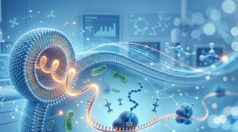 Illustrazione di come funziona un vaccino a mRNA: nanoparticella lipidica che rilascia l'mRNA nella cellula