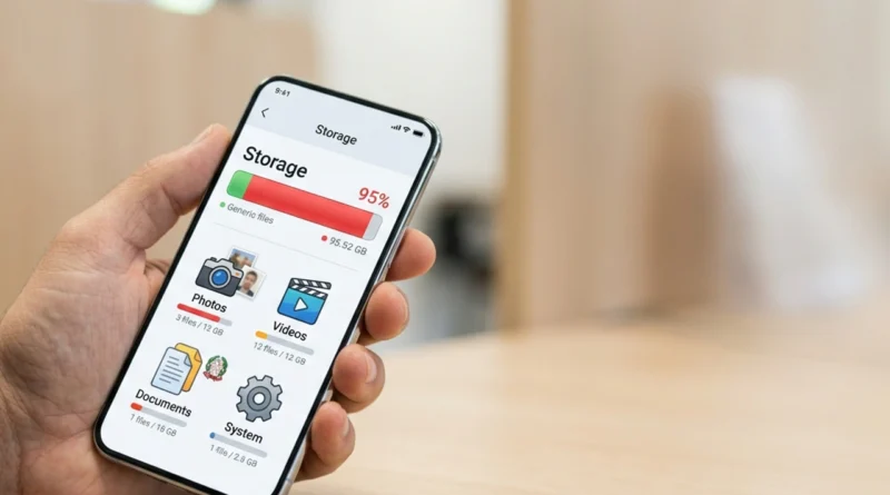 Come liberare spazio smartphone 2026: schermata gestione archiviazione su iPhone e Android con foto, app e cache