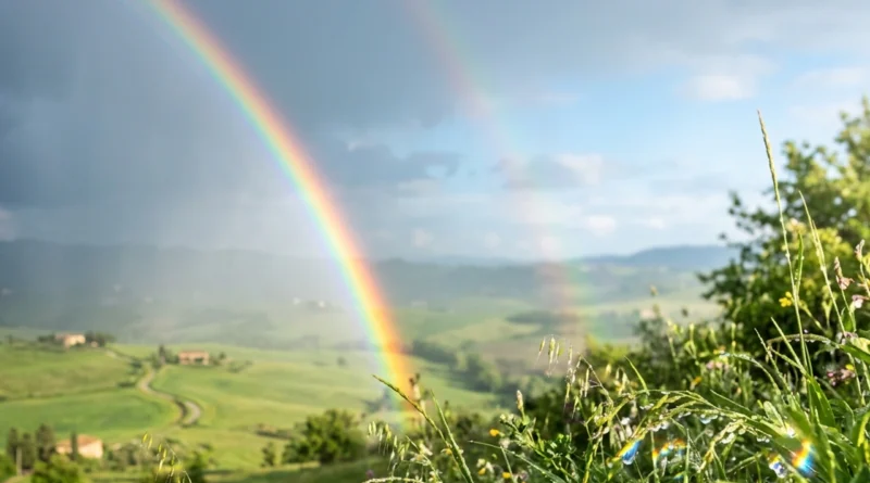 Un arcobaleno luminoso nel cielo dopo la pioggia mostra come si forma l'arcobaleno grazie alla luce del Sole