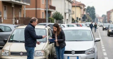 Cosa fare in caso di incidente stradale: due automobilisti compilano la constatazione amichevole (modulo blu) dopo un tamponamento