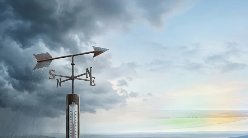 Infografica che illustra la differenza tra meteo e clima, con un termometro giornaliero accanto a un grafico di medie su trent'anni