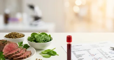 Provetta di sangue per l'esame della ferritina bassa 2026 accanto a alimenti ricchi di ferro come lenticchie e spinaci