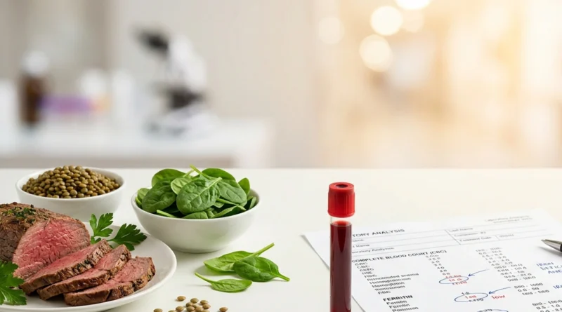 Provetta di sangue per l'esame della ferritina bassa 2026 accanto a alimenti ricchi di ferro come lenticchie e spinaci