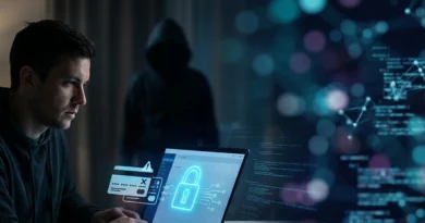 Persona protegge i propri dati personali dal furto d'identità 2026 davanti a un laptop, concetto di sicurezza digitale