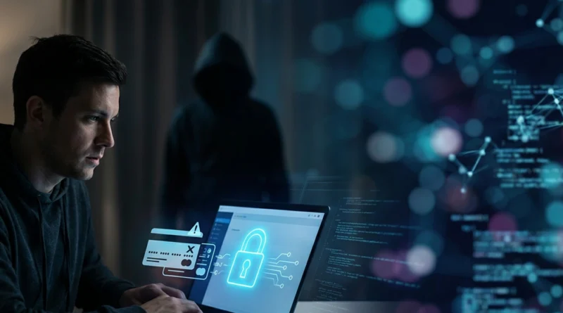 Persona protegge i propri dati personali dal furto d'identità 2026 davanti a un laptop, concetto di sicurezza digitale