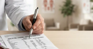 Referto per leggere le analisi del sangue con valori di riferimento, simboli H/L e frecce evidenziati accanto a una provetta