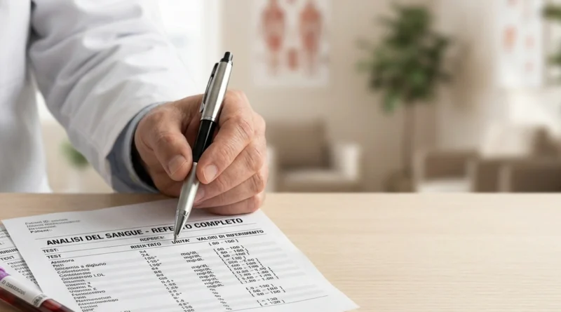Referto per leggere le analisi del sangue con valori di riferimento, simboli H/L e frecce evidenziati accanto a una provetta