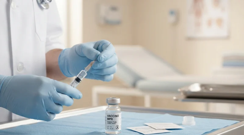 Morbillo 2026 sintomi vaccinazione: medico prepara il vaccino MPR in ambulatorio