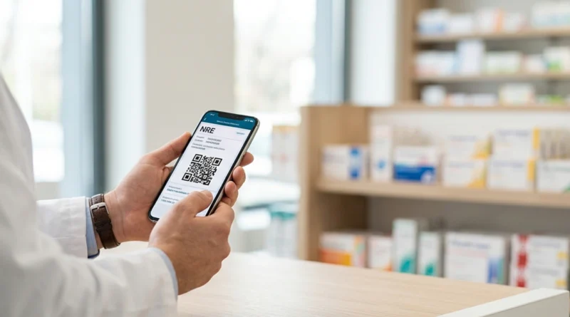 Una farmacista consegna i farmaci a una paziente usando la ricetta medica elettronica 2026 con il codice NRE