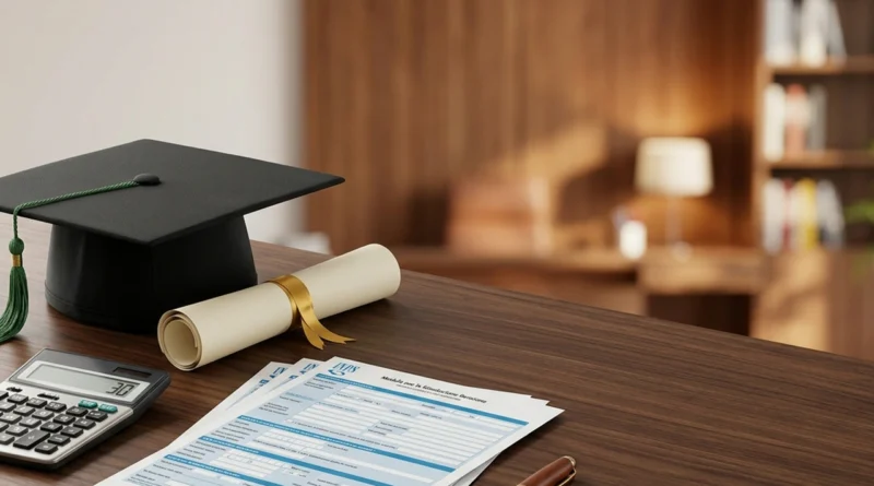 Studente laureato consulta il calcolo del riscatto laurea 2026 con documenti INPS e simulatore sulla scrivania