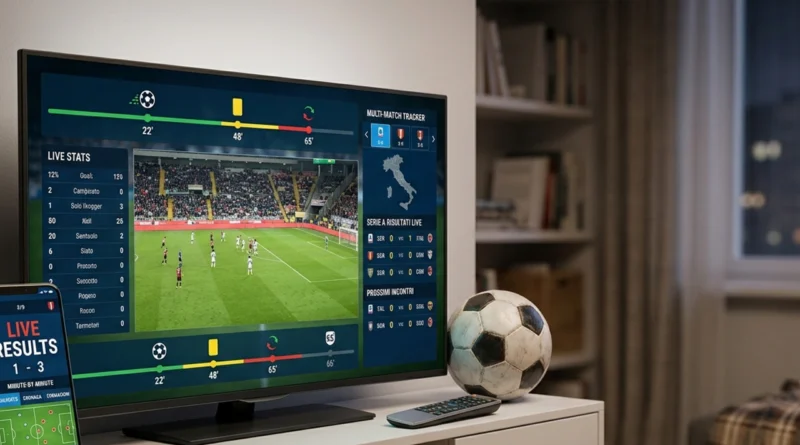 Guida allo streaming della Serie A 2026 2027 con loghi DAZN, Sky e NOW su una smart TV in salotto