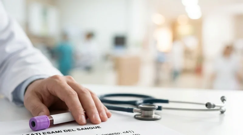 Provetta di sangue e referto con transaminasi alte 2026 su una scrivania medica, esame per la salute del fegato