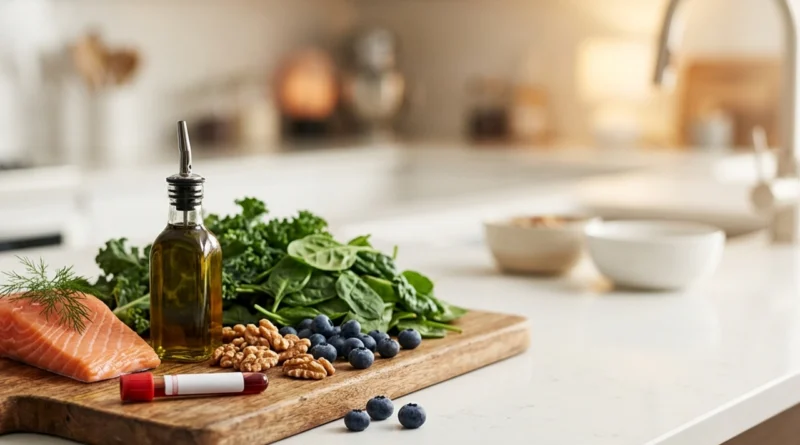 Referto del sangue con valori di trigliceridi alti 2026 accanto a un piatto di pesce azzurro, verdure e olio d'oliva