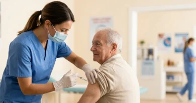 Un anziano riceve il vaccino antinfluenzale 2026 2027 dal medico in un ambulatorio della ASL