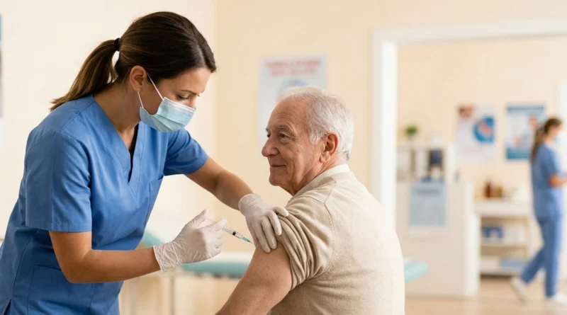 Un anziano riceve il vaccino antinfluenzale 2026 2027 dal medico in un ambulatorio della ASL