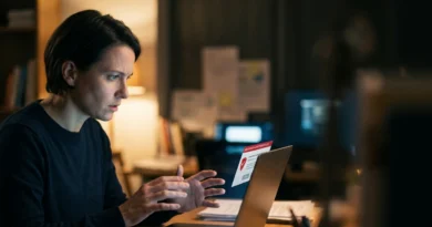 Donna davanti al laptop con un avviso di sicurezza rosso dopo un account email violato 2026