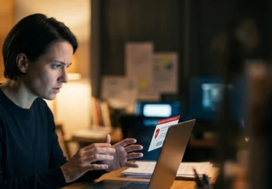 Donna davanti al laptop con un avviso di sicurezza rosso dopo un account email violato 2026
