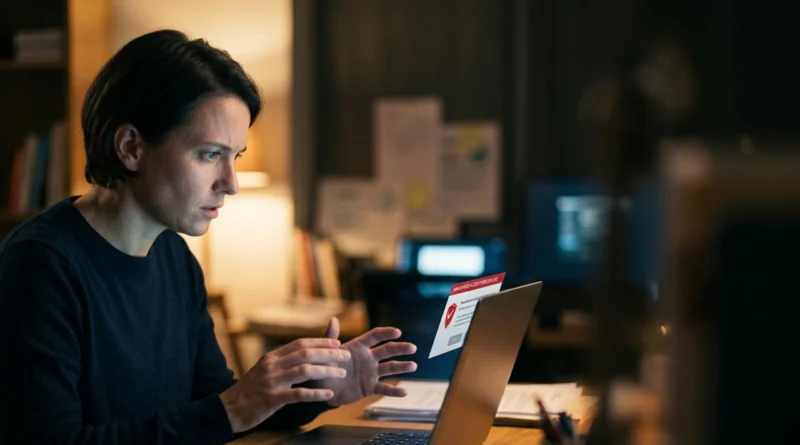 Donna davanti al laptop con un avviso di sicurezza rosso dopo un account email violato 2026