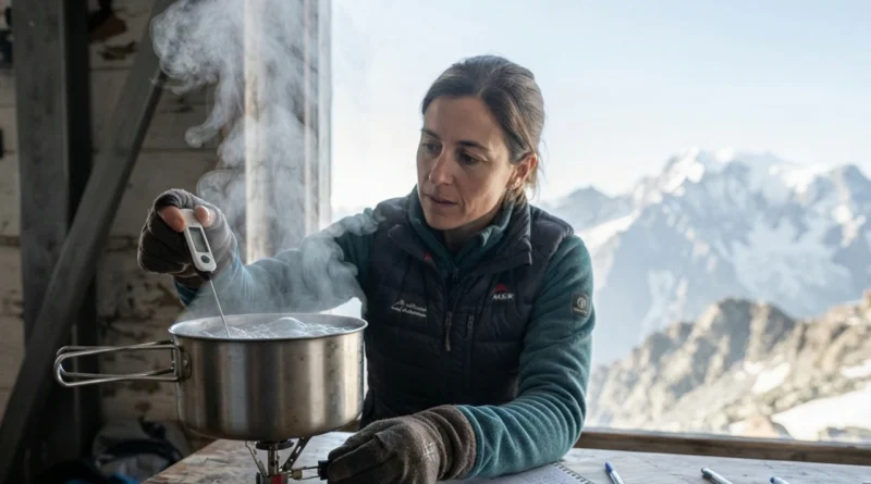 Pentola d'acqua che bolle su un fornello in un rifugio alpino: perché l'acqua bolle prima in montagna