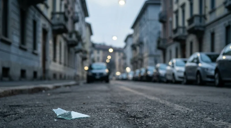 Auto rubata cosa fare 2026: frammento di vetro sull'asfalto in una via urbana al crepuscolo