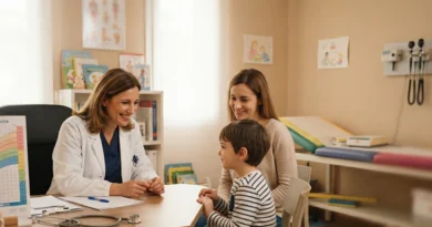 Genitore e bambino allo sportello ASL per il cambio del pediatra di libera scelta