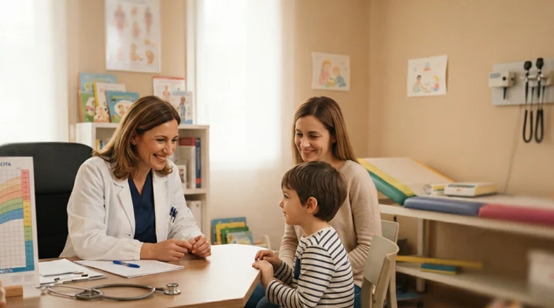 Genitore e bambino allo sportello ASL per il cambio del pediatra di libera scelta