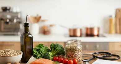 Alimenti consigliati per chi ha il colesterolo alto cosa mangiare: avena, legumi, pesce azzurro, frutta secca e olio d'oliva su un tavolo
