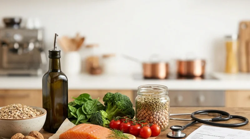 Alimenti consigliati per chi ha il colesterolo alto cosa mangiare: avena, legumi, pesce azzurro, frutta secca e olio d'oliva su un tavolo