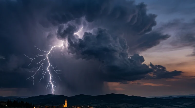 Come si formano i fulmini: una scarica elettrica colpisce le colline da una nube temporalesca al tramonto