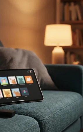 Salotto con tablet che mostra una schermata streaming per illustrare la condivisione account Netflix