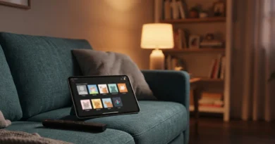 Salotto con tablet che mostra una schermata streaming per illustrare la condivisione account Netflix