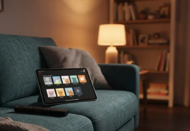 Salotto con tablet che mostra una schermata streaming per illustrare la condivisione account Netflix