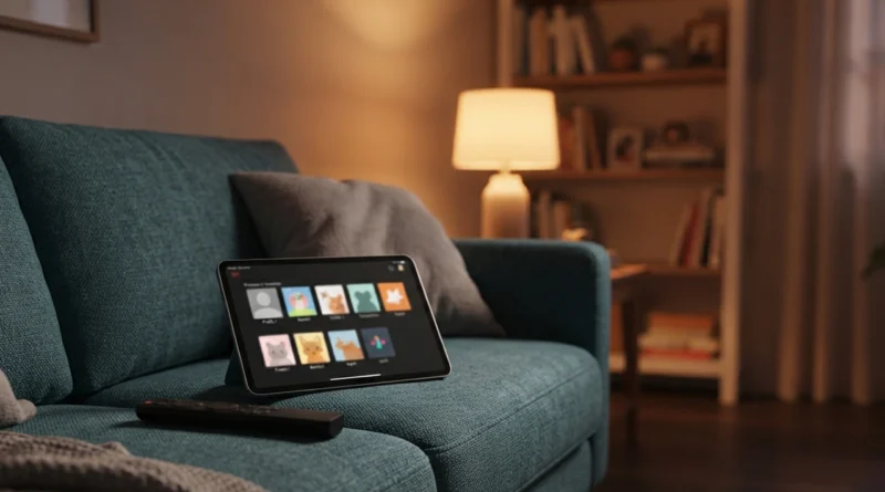 Salotto con tablet che mostra una schermata streaming per illustrare la condivisione account Netflix