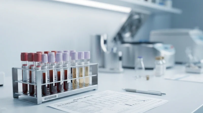 Provetta di sangue con referto che mostra creatinina alta valori accanto al calcolo dell'eGFR