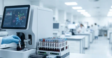 Referto di laboratorio con emoglobina glicata valori 2026 e provetta di sangue su un tavolo bianco