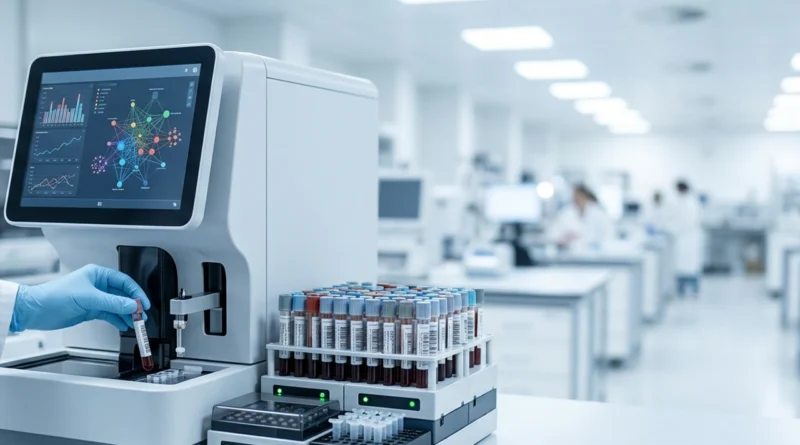 Referto di laboratorio con emoglobina glicata valori 2026 e provetta di sangue su un tavolo bianco