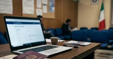 Cittadino italiano completa l'iscrizione AIRE 2026 sul portale Fast-It con passaporto e documenti sulla scrivania
