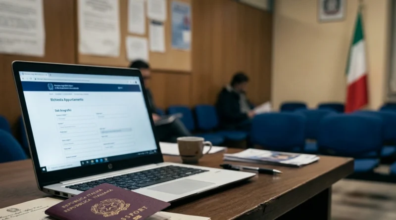 Cittadino italiano completa l'iscrizione AIRE 2026 sul portale Fast-It con passaporto e documenti sulla scrivania
