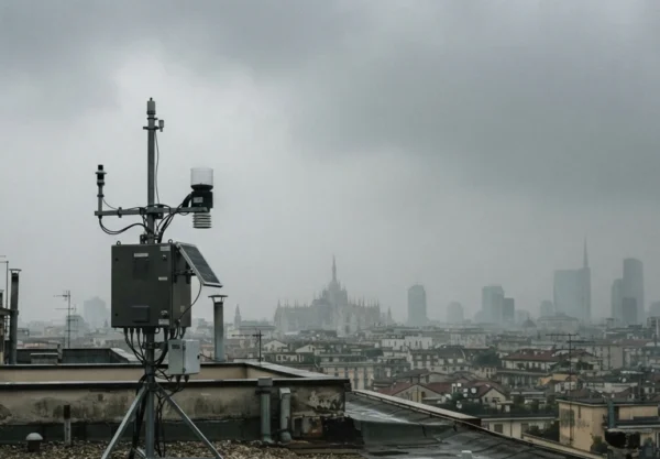 Centralina di monitoraggio dell'aria su un tetto urbano che illustra la differenza PM10 e PM2.5
