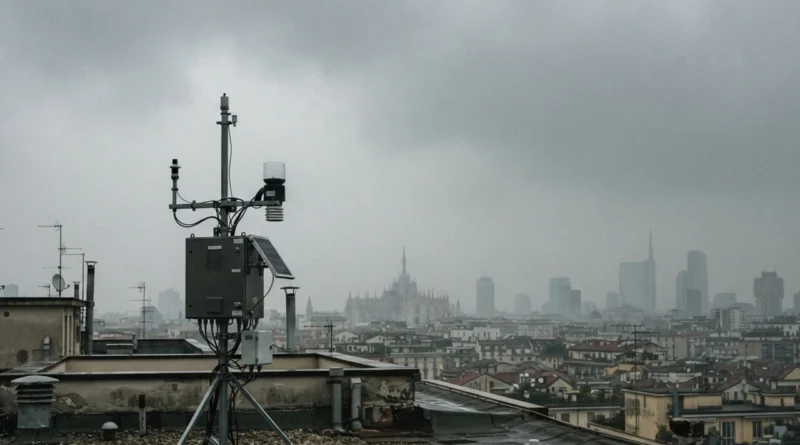 Centralina di monitoraggio dell'aria su un tetto urbano che illustra la differenza PM10 e PM2.5